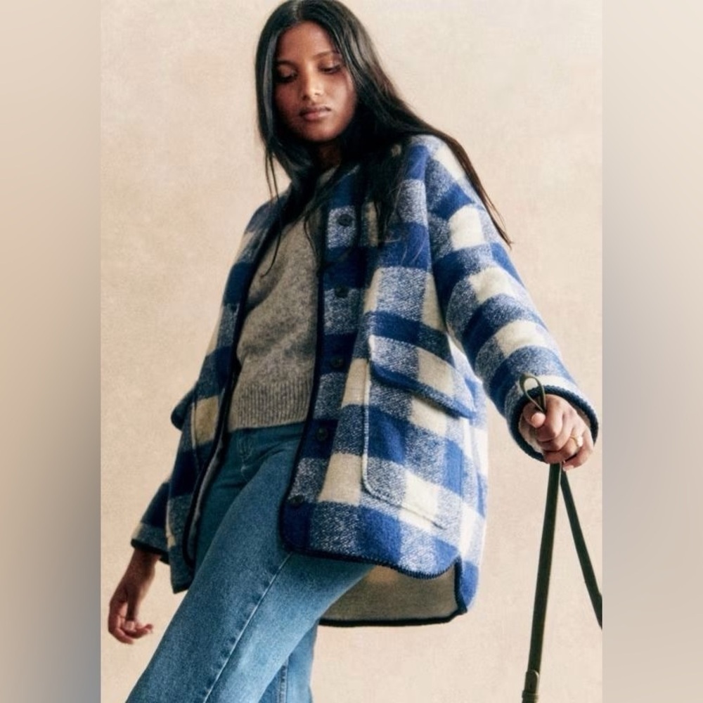 Sézane Farel Wool Check Reversible Jacket Blue Ecru 40 NWT - Picture 10 of 11